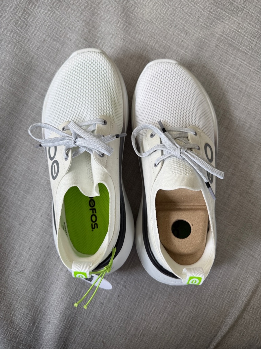 OOFOS White Mesh Sneakers with Neon Green Insole